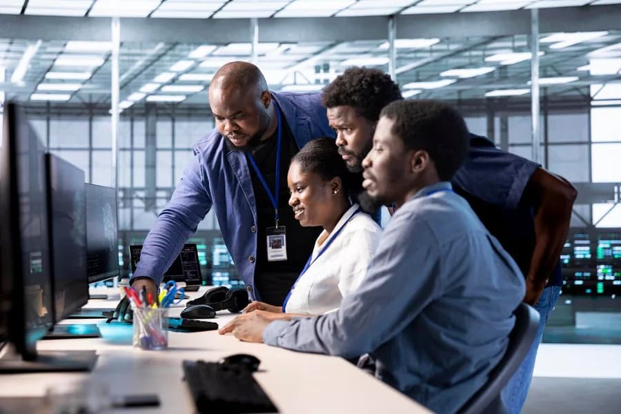 Technicians working together at a workstation in a server room